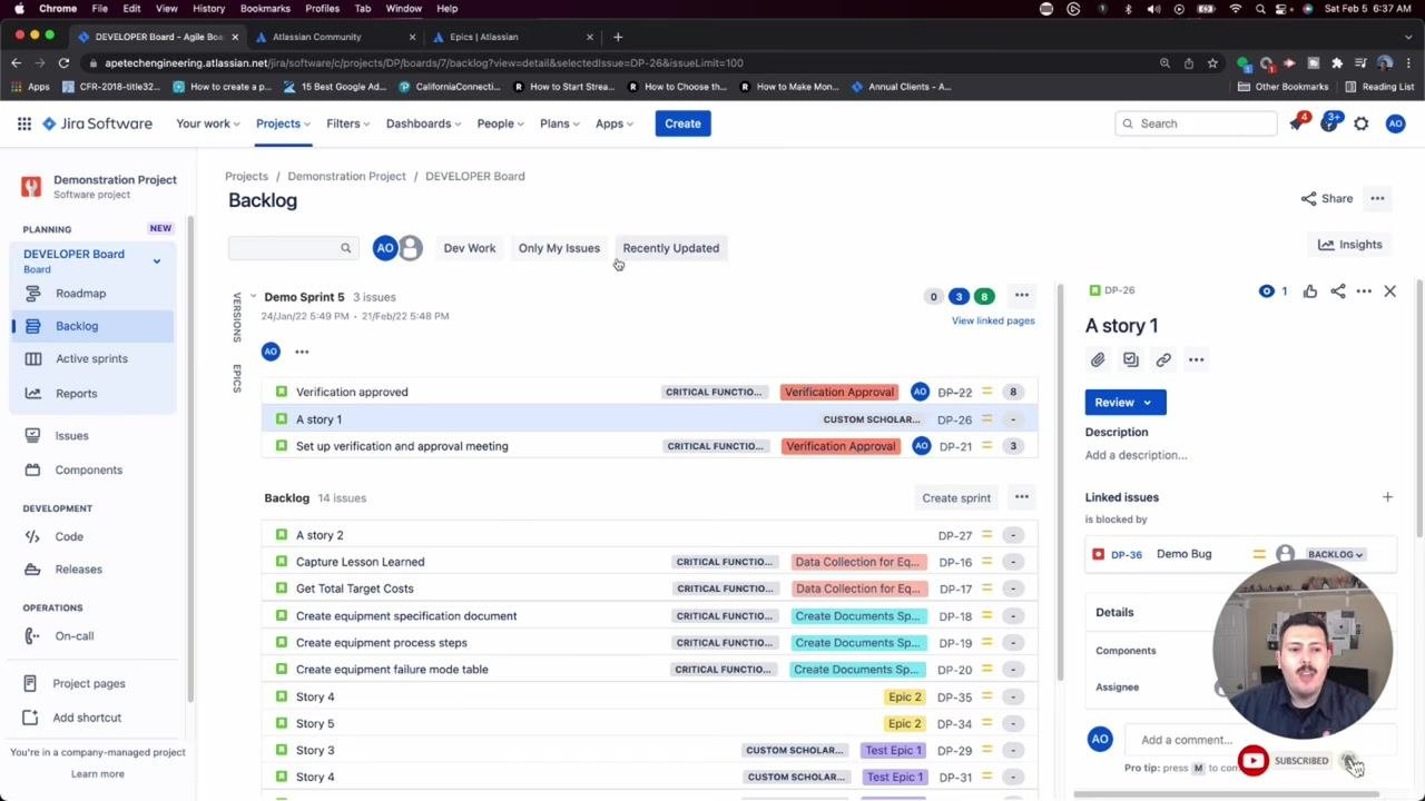 The "Create issue" dialog open in Jira, with the user selecting "Epic" from the Issue type dropdown, presenter shown in a small video overlay.