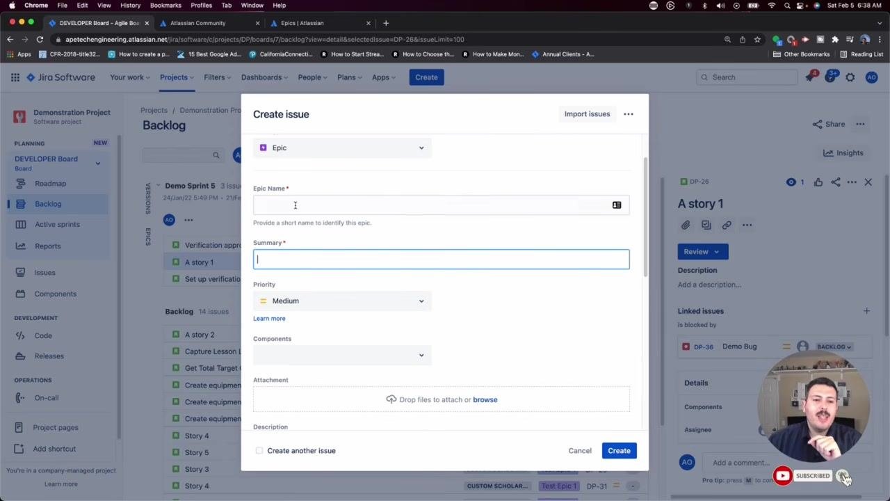 The "Epic Name" and "Summary" fields highlighted in the Jira "Create issue" dialog, with the presenter emphasizing their respective roles.