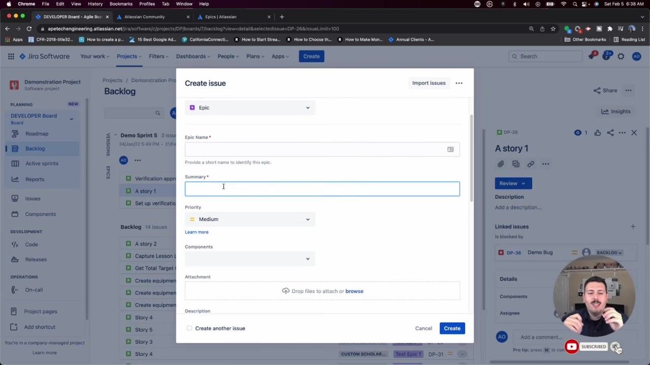 The presenter continuing to explain the difference between "Epic Name" and "Summary" in the Jira "Create issue" dialog.