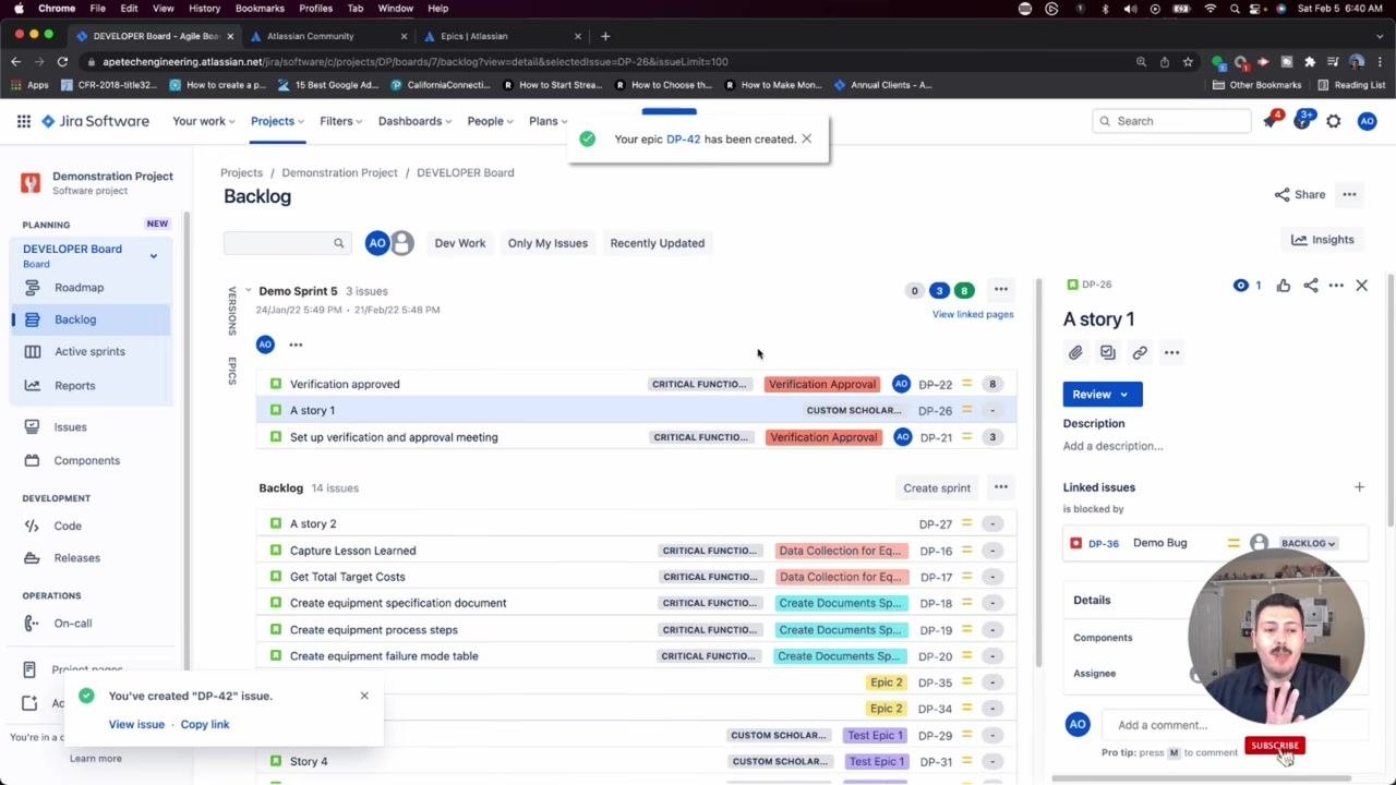 Jira backlog view with a confirmation notification at the top reading "Your epic DP-42 has been created." Backlog and sprint issues are visible, but the new epic is not listed directly in the main backlog.