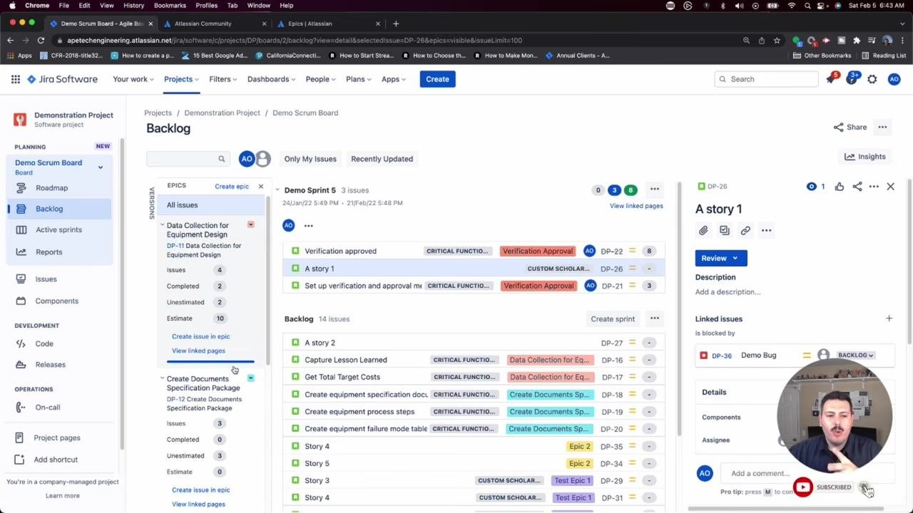 Jira Backlog screen with the epics panel, sprint issues, backlog issues, and issue details pane all visible.
