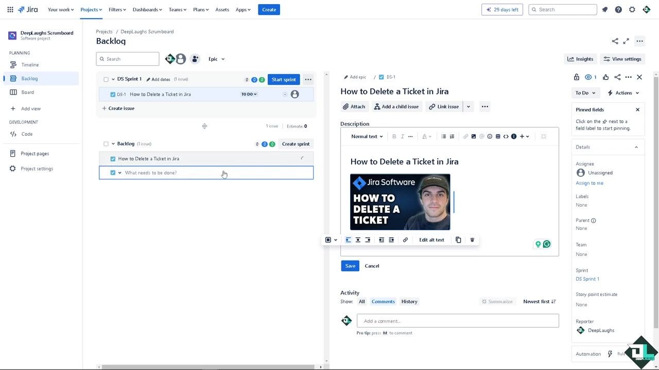 Jira backlog showing multiple issues, with one selected for deletion