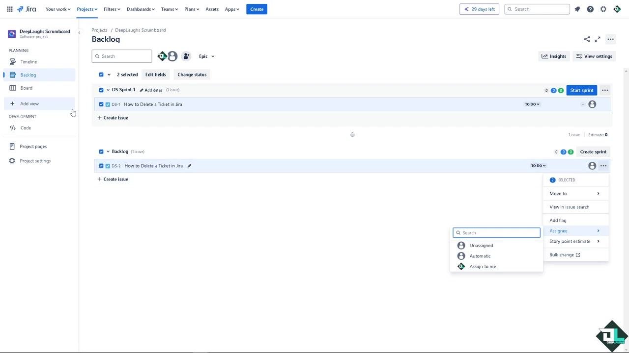 Jira confirmation dialog for deleting an issue, showing Delete and Cancel buttons