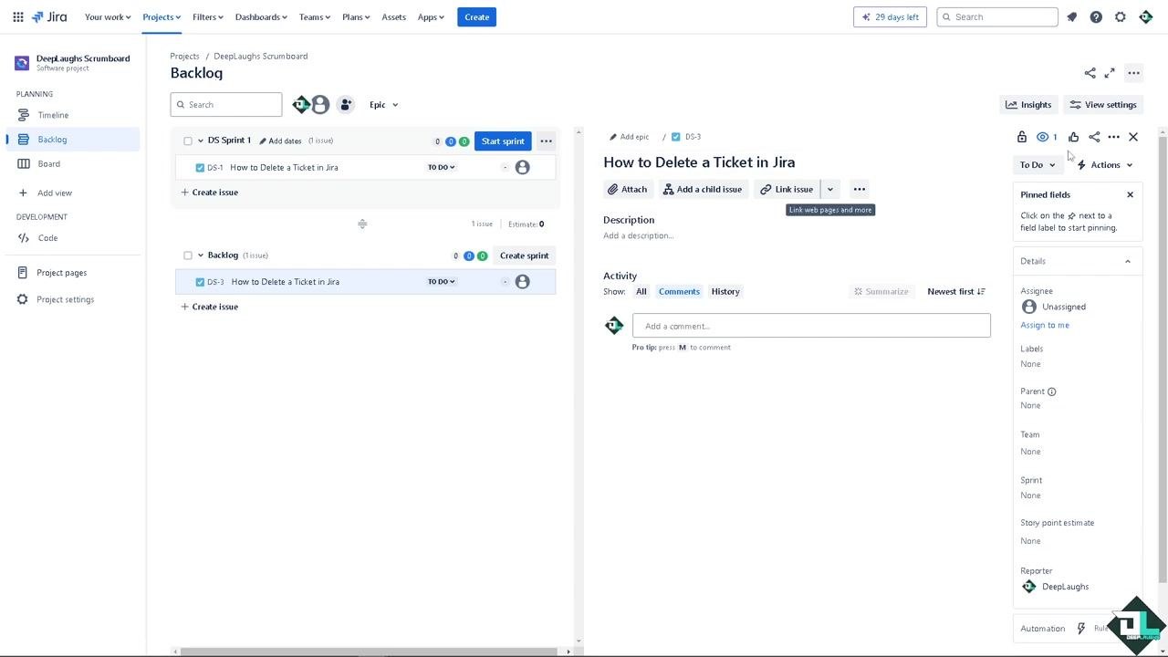 Jira backlog with a new issue being created and "What needs to be done?" entered in the issue field