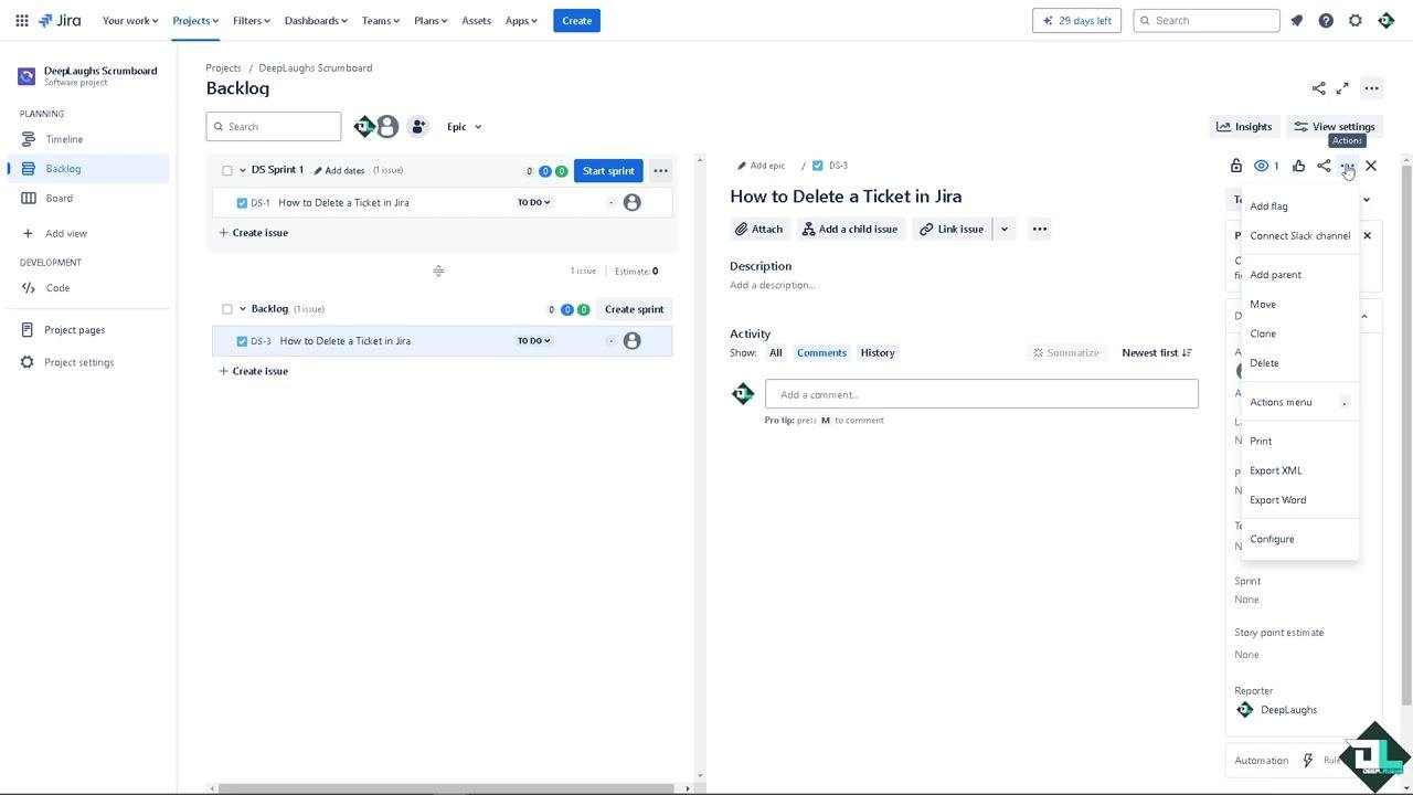 Jira issue details panel with the Actions menu open and the Delete option visible