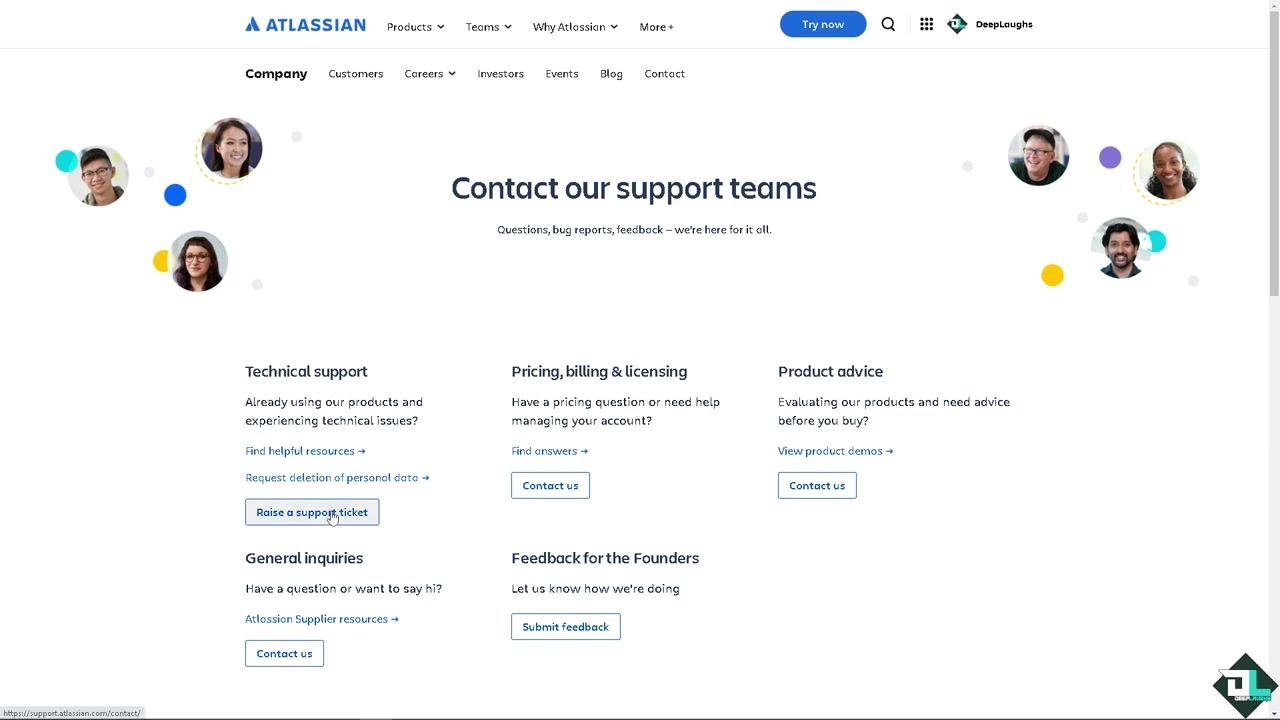 Atlassian support page showing options to raise a support ticket, or contact support for billing, product advice, and general inquiries