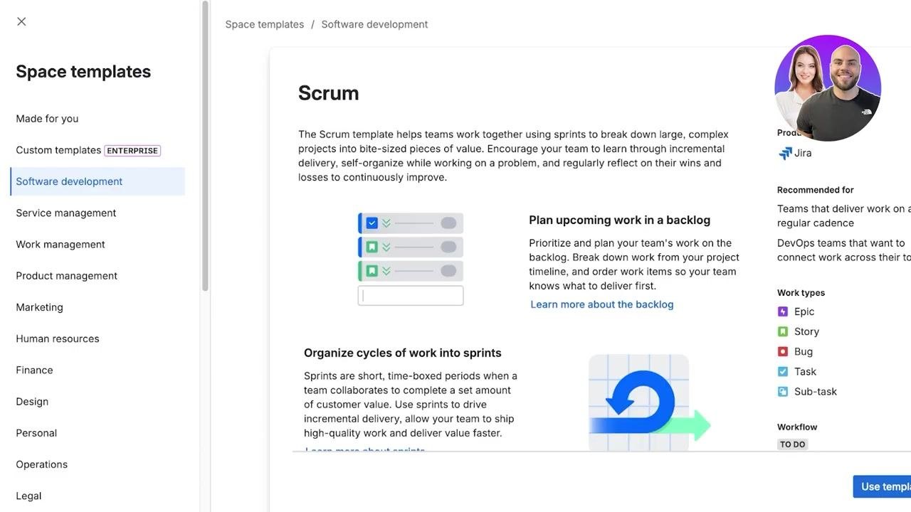Comparison screen between Team-managed and Company-managed spaces, with selection buttons