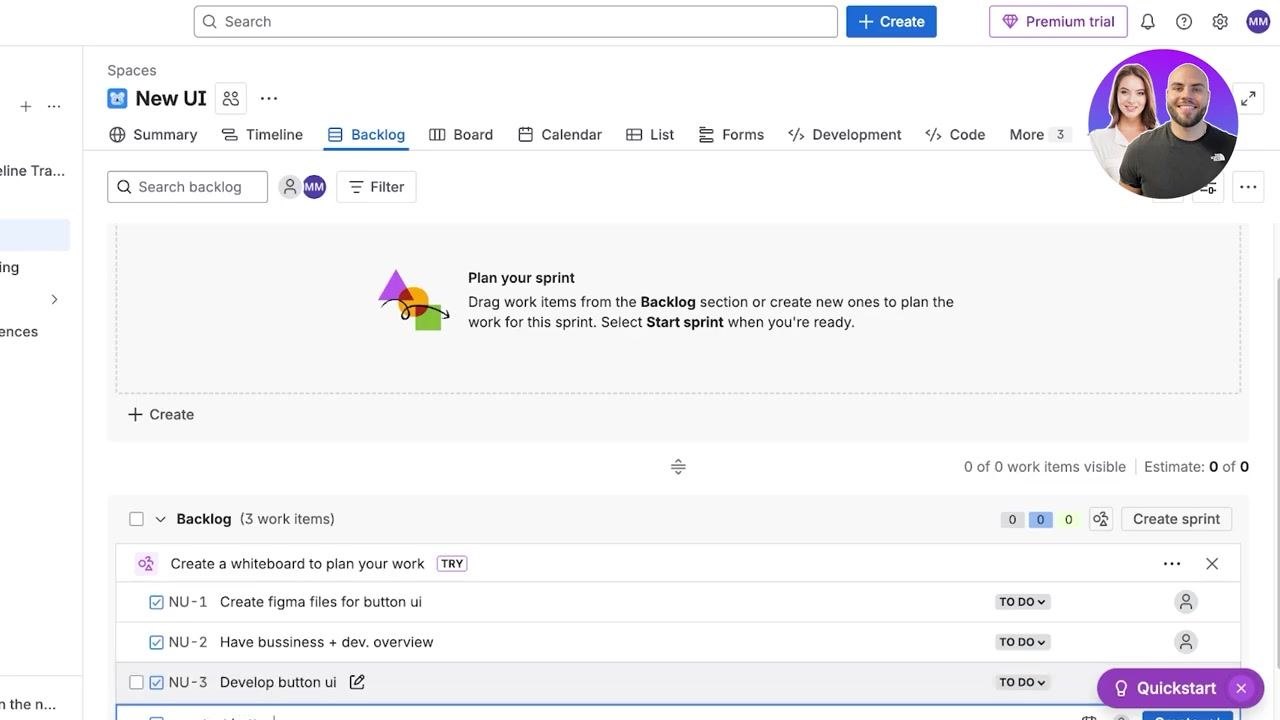 Jira backlog with multiple work items created, including "Create figma files for button ui" and others