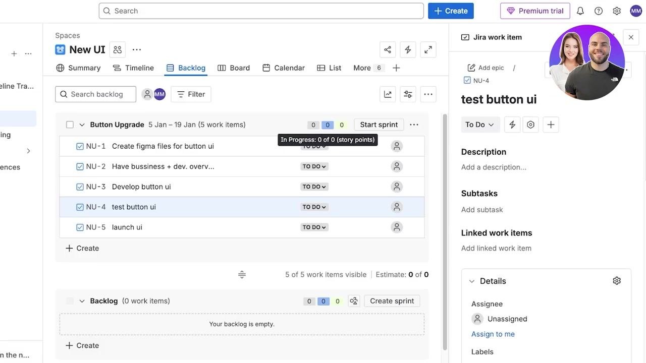 Edit sprint dialog in Jira with Sprint name 'Button Upgrade', Duration '2 weeks', and calendar open to January 2026