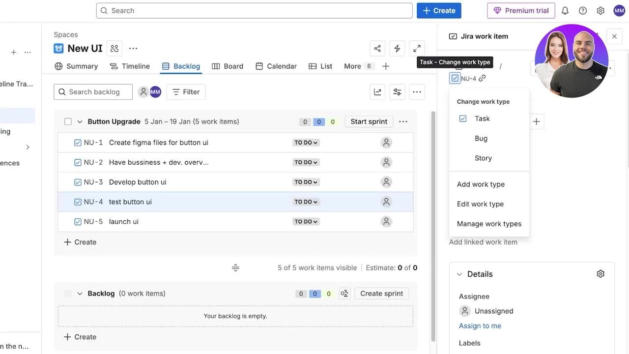 Jira work item type dropdown open, showing options for Task, Bug, Story, and work type management