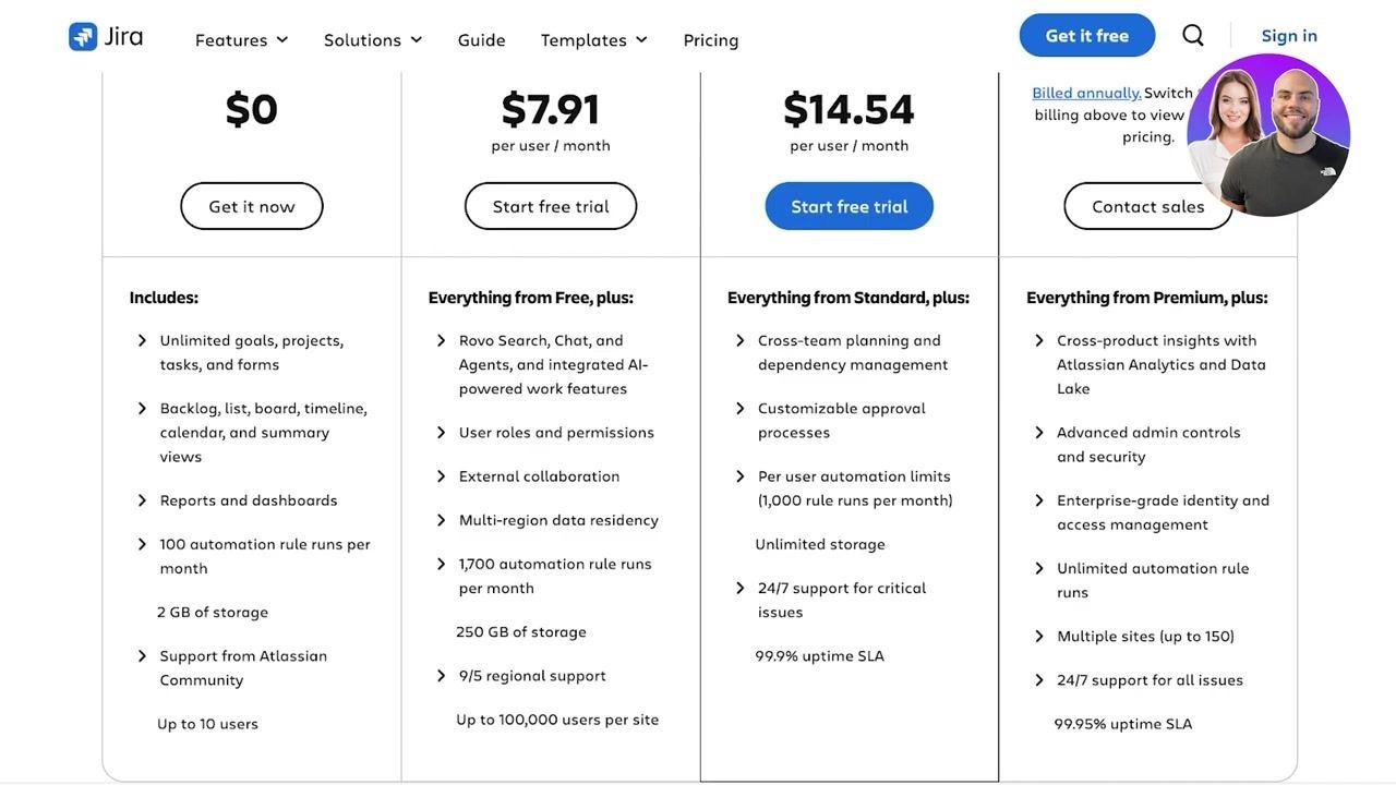 Jira pricing table with a detailed feature breakdown for each plan, including storage, automation, support, and user limits