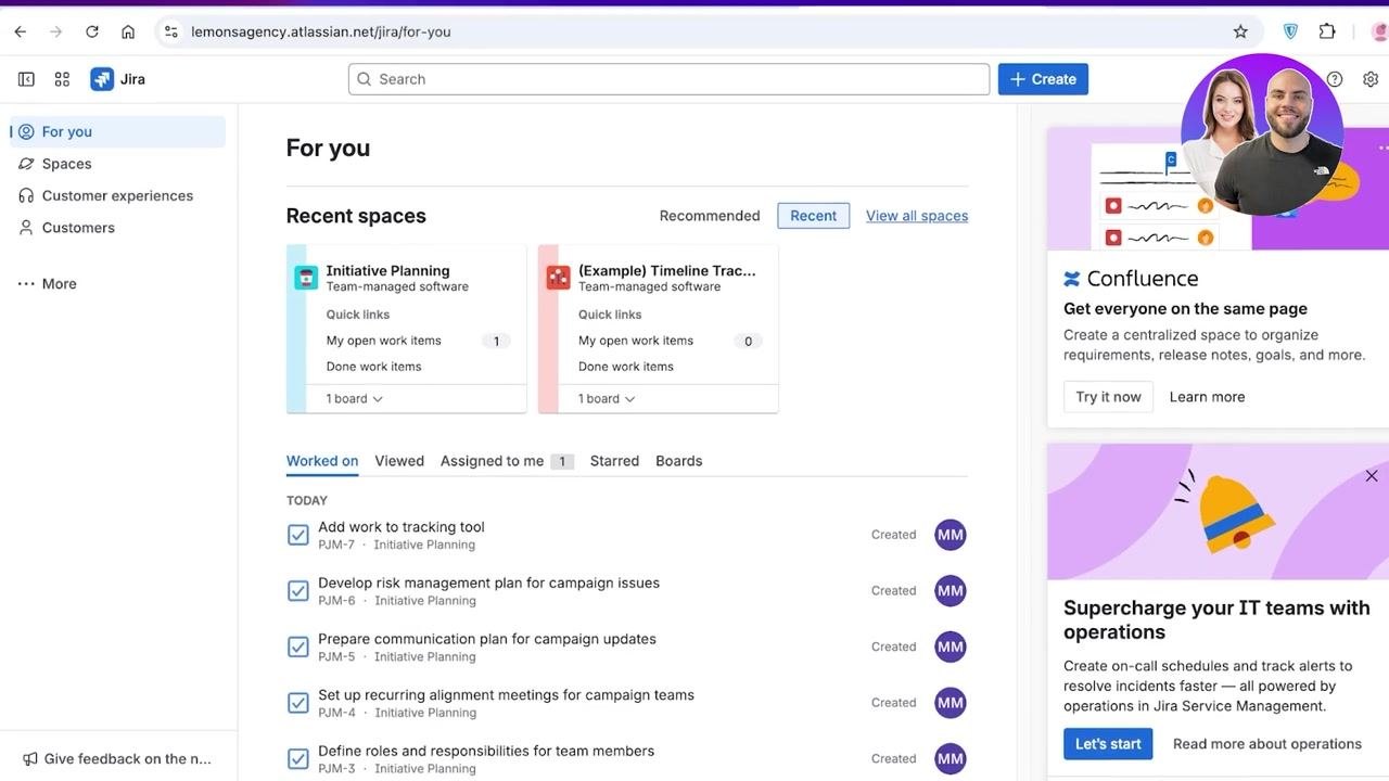 Jira dashboard showing recent spaces and work items, with the navigation sidebar visible