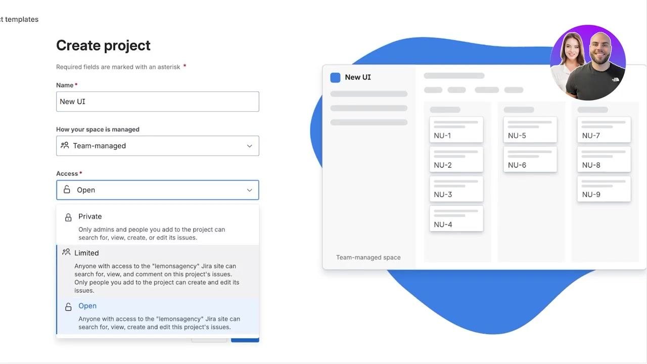 Final Create project screen with all fields filled in and the Next button highlighted