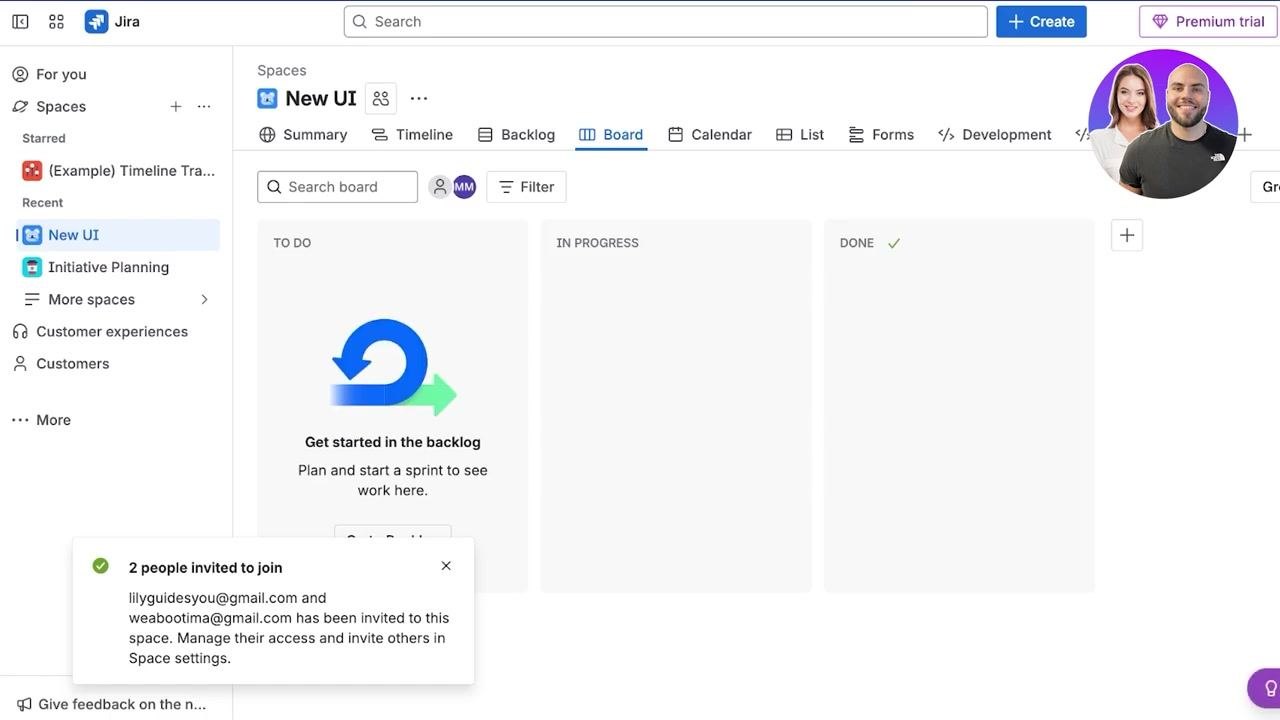 Jira Scrum board for the new space, showing TO DO, IN PROGRESS, and DONE columns with an invite confirmation