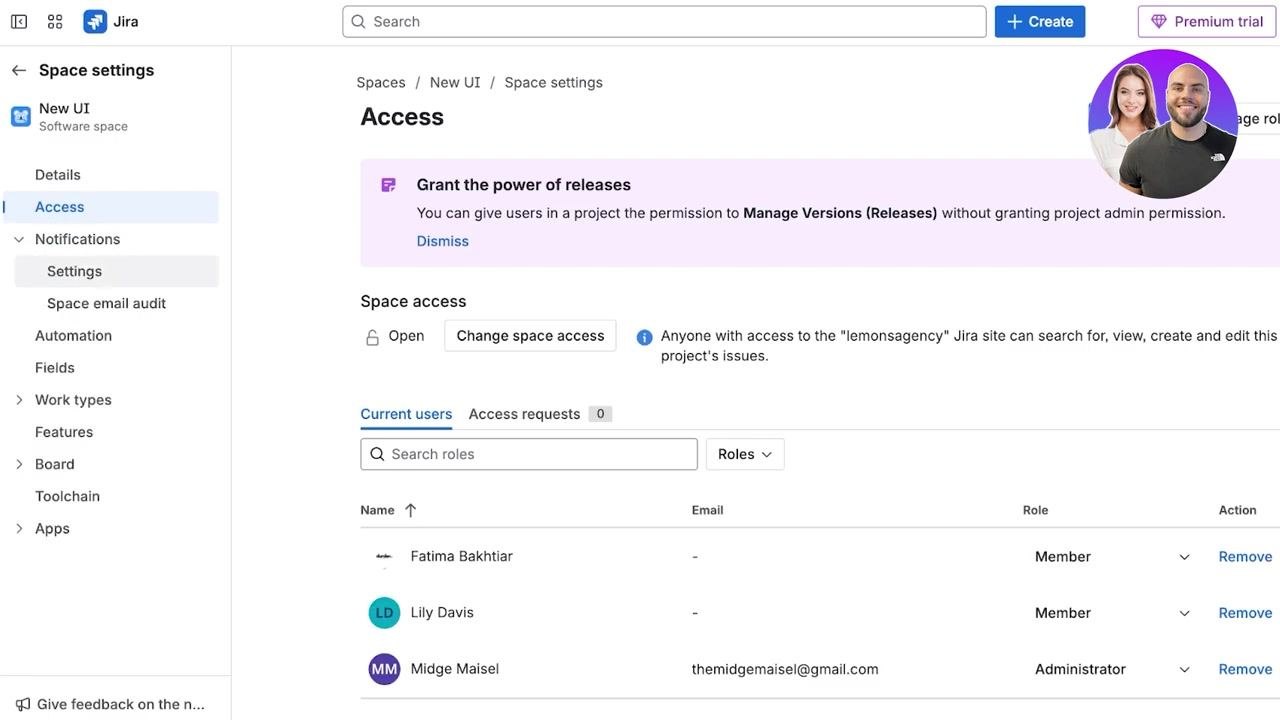 Space settings menu open, showing options like Add people, Set space background, Space settings, Archive, and Delete