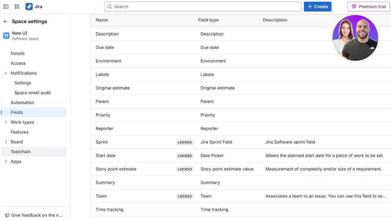 Fields configuration screen listing all available and locked fields