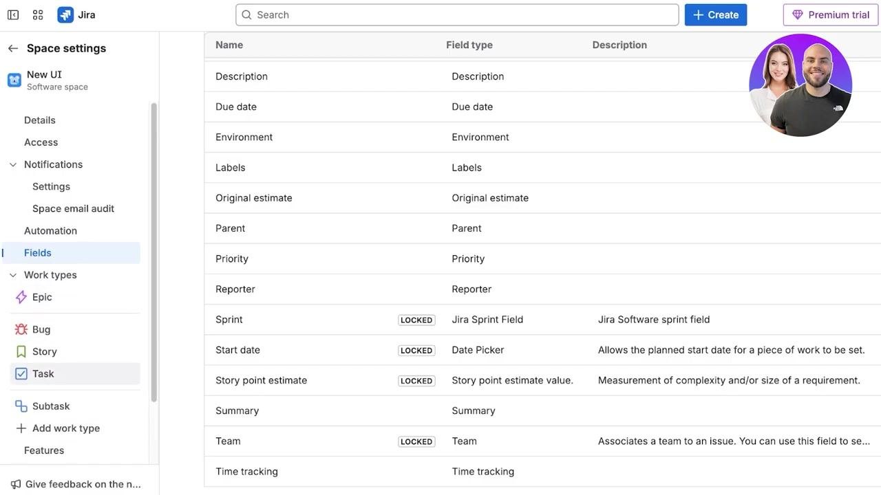 Work types menu with Epic, Bug, Story, Task, and Subtask options visible