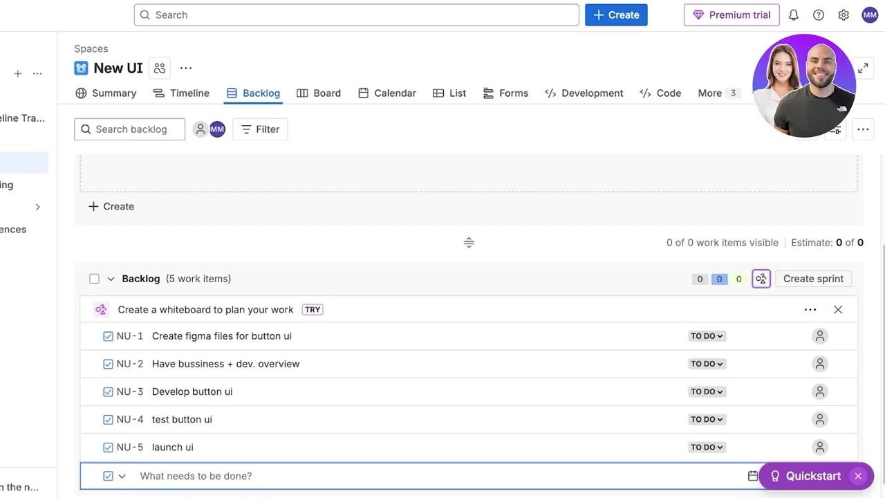 Edit sprint dialog open with fields for Sprint name ("Button Upgrade"), duration, start/end dates, and sprint goal