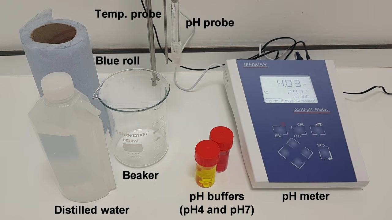 All required equipment for pH meter calibration: pH meter, pH probe, temperature probe, beaker, distilled water, blue roll, and two pH buffer solutions (pH 4 and pH 7), each clearly labeled