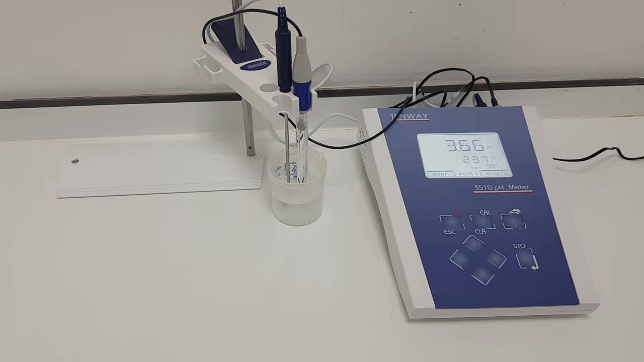 pH meter display shows 3.66 pH, indicating a stable reading for the sample