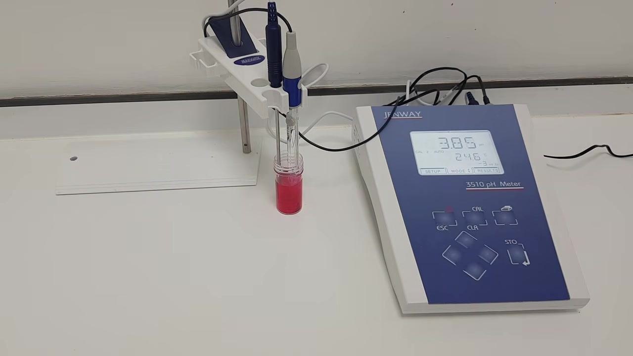 Both probes submerged in the red pH 4 buffer solution; the pH meter display shows 3.86 pH and is stabilizing
