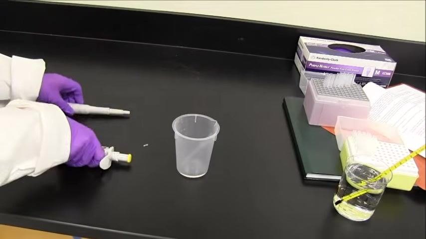Person in a lab coat and purple gloves dispensing liquid from the pipette into a plastic cup; pipette tip inside the cup, with pipette boxes and a beaker visible on the bench.
