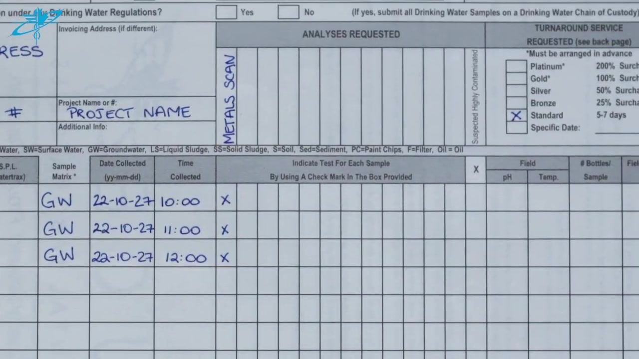 Analyses Requested section with METALS SCAN listed and X marks in the grid for each sample