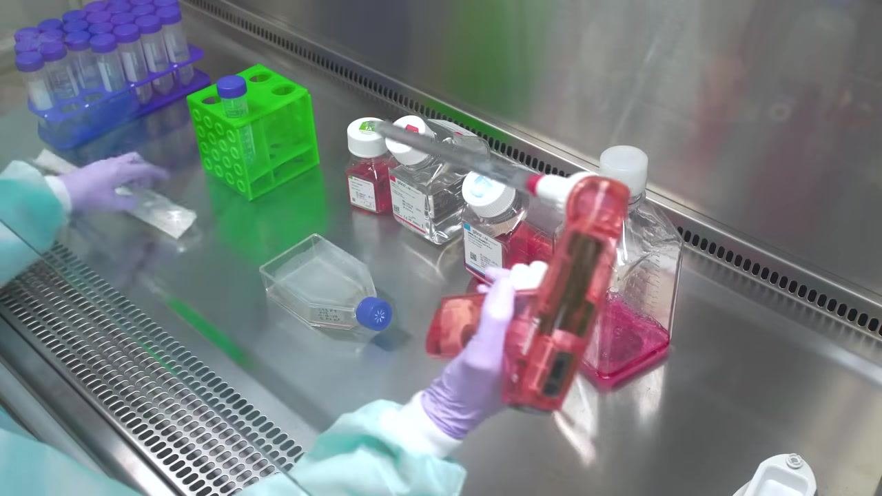 Gloved hands holding a pipette controller and a cell culture flask, preparing to add or remove liquid, with bottles of media and reagents visible