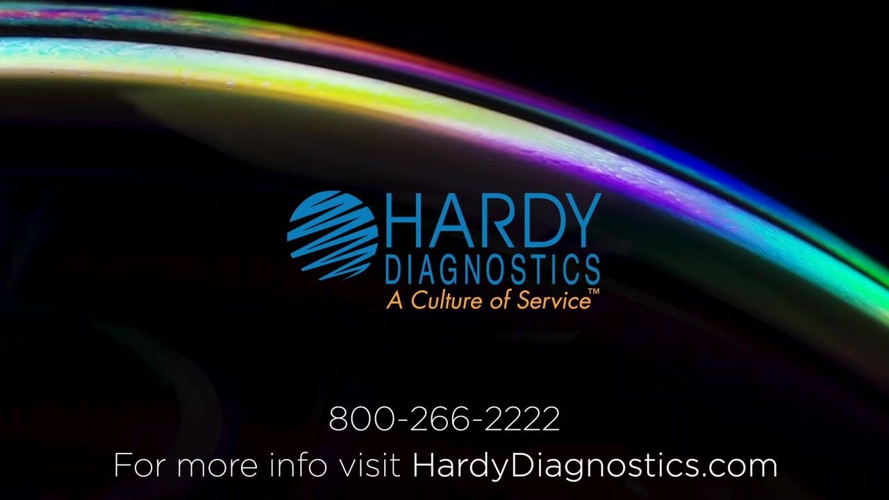 Hardy Diagnostics logo, tagline "A Culture of Service," phone number 800-266-2222, and website HardyDiagnostics.com on a colorful background