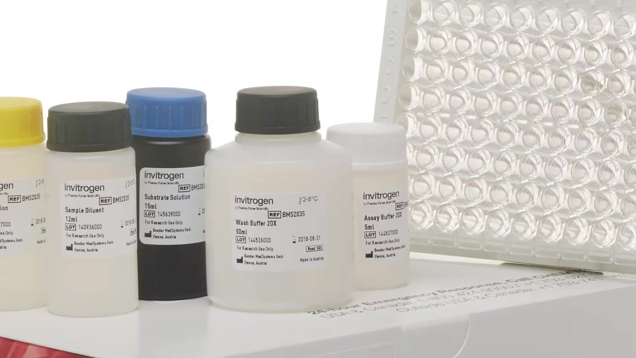 Gloved hands removing 8-well strips from the ELISA plate, with the kit box and foil pouch visible.