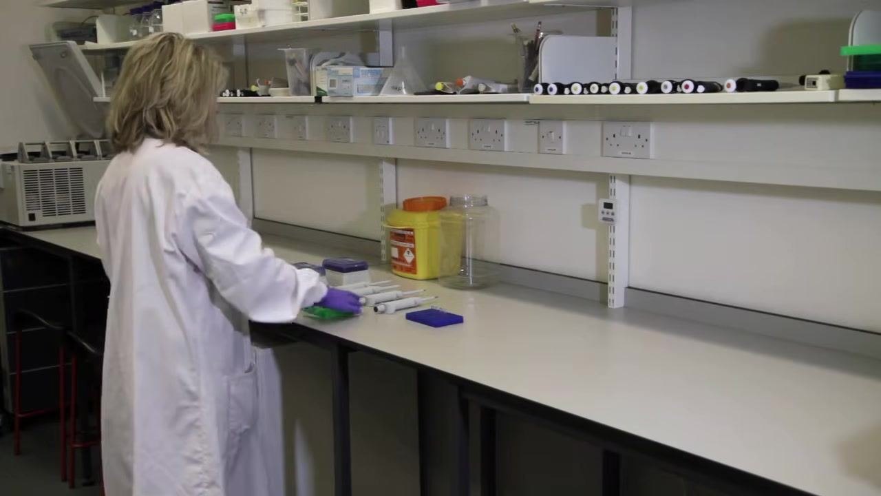 Scientist in lab coat and gloves working at a clean laboratory bench, handling a green tube rack and pipettes, with a yellow sharps bin and clear container in the background