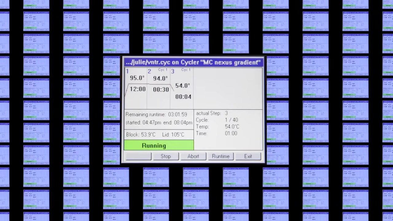 Thermal cycler display showing PCR program steps: 95.0°C for 12:00, 94.0°C for 0:30, 54.0°C for 1:00, 72.0°C for 2:00, with cycle count and status "Running".