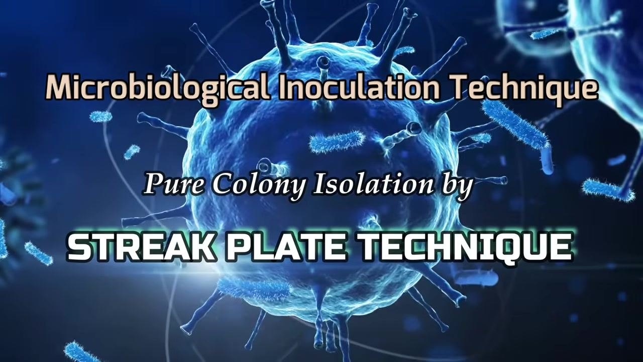 Title screen showing "Microbiological Inoculation Technique: Pure Colony Isolation by Streak Plate Technique" with a background of a magnified cell or bacterium.