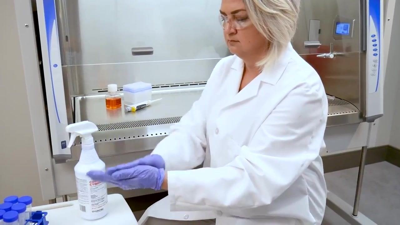 A worker in full PPE prepares her gloves and workspace in front of the cabinet, with lab materials and a disinfectant spray bottle nearby.