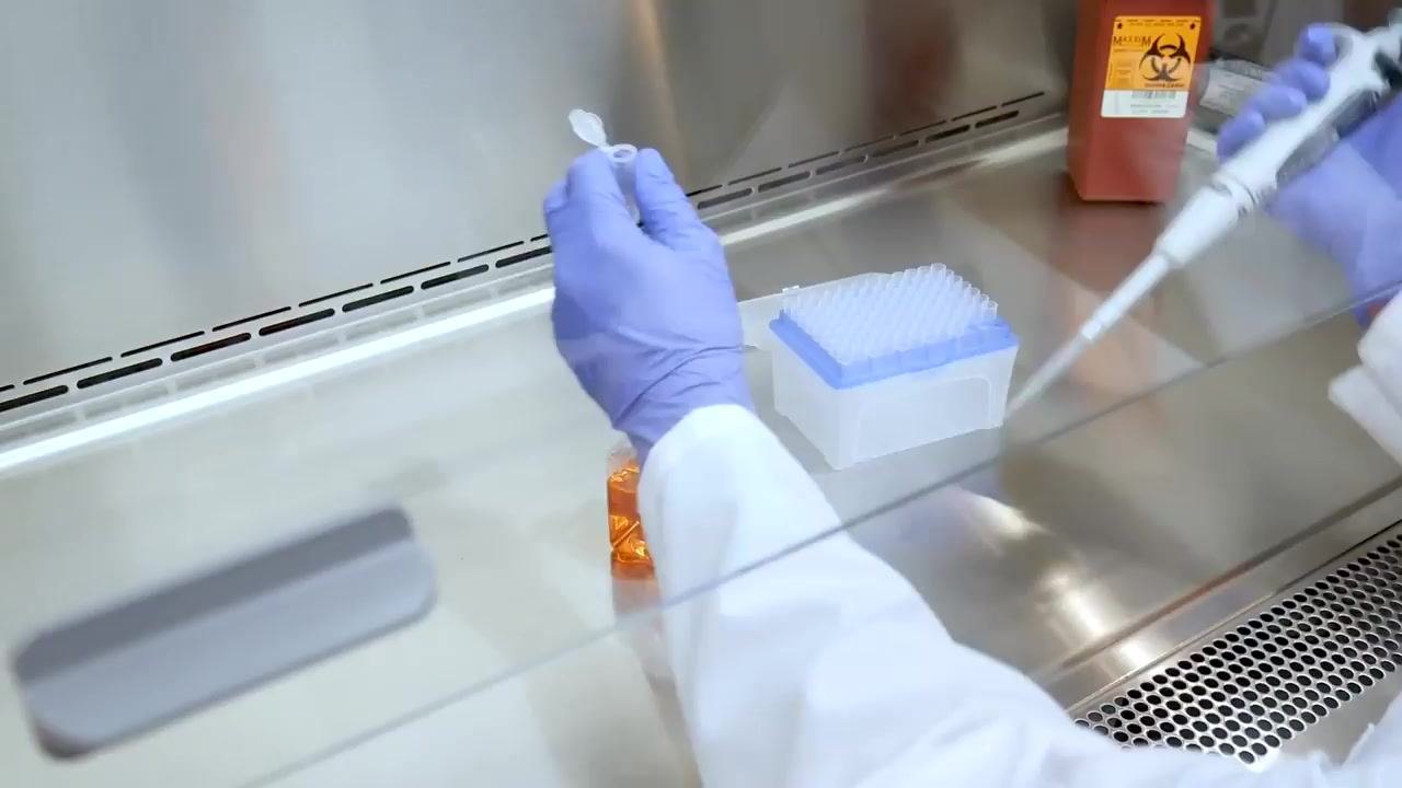 A gloved worker pipettes inside the cabinet, with a tip box, reagent bottle, and biohazard waste container in view.