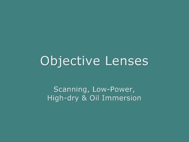 Text slide: "Objective Lenses: Scanning, Low-Power, High-dry & Oil Immersion"