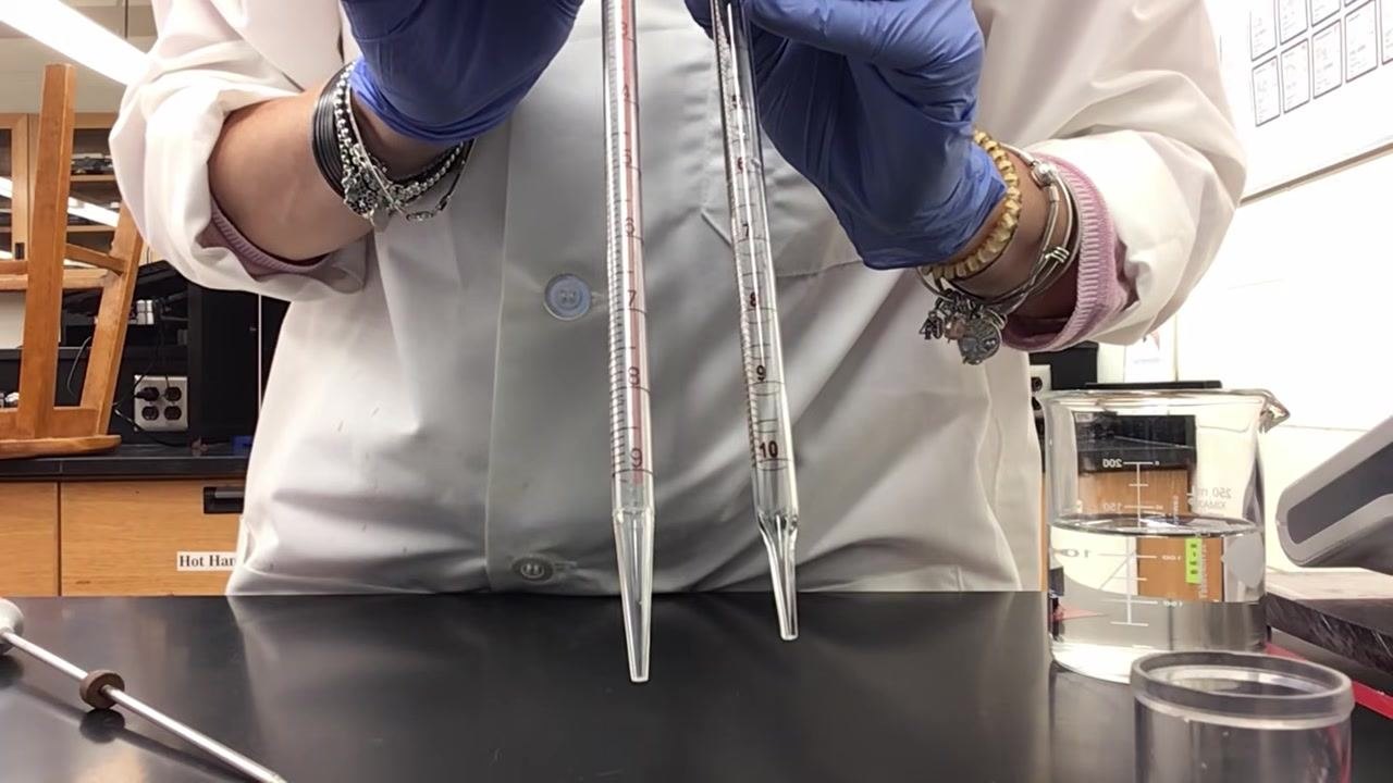 Hand pointing at the tip of a pipette to emphasize the tip's volume