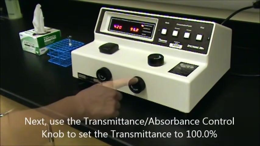 Hand turning the Transmittance/Absorbance Control Knob while the display shows 420 nm and 95.2