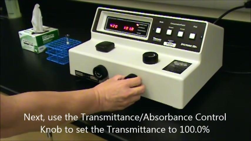 Hand turning the Transmittance/Absorbance Control Knob while the display shows 420 nm and 101.0