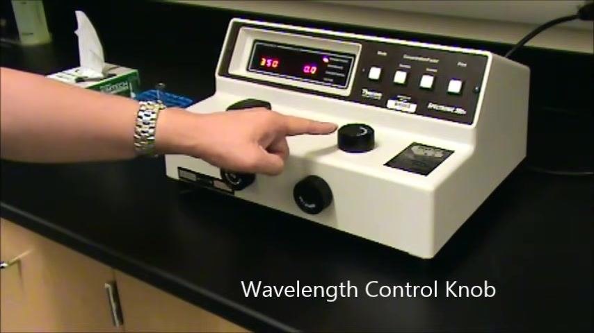 A hand points to the Wavelength Control Knob on the spectrophotometer