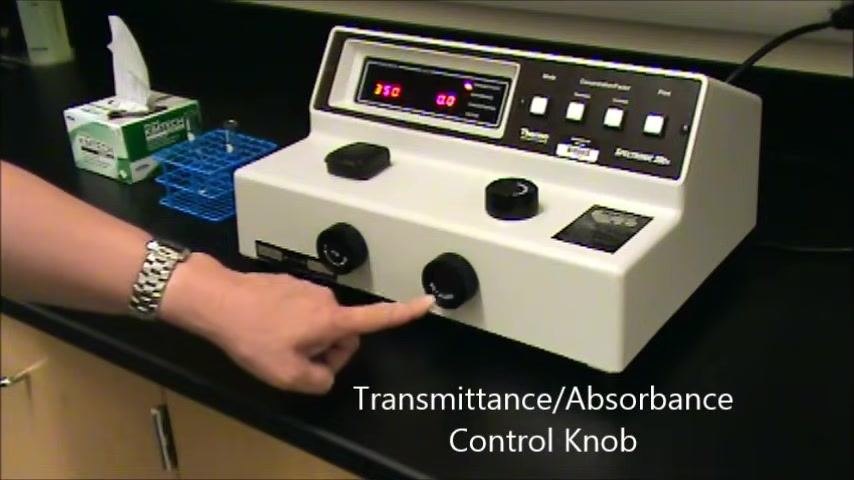 A hand points to the Mode Select button area on the spectrophotometer