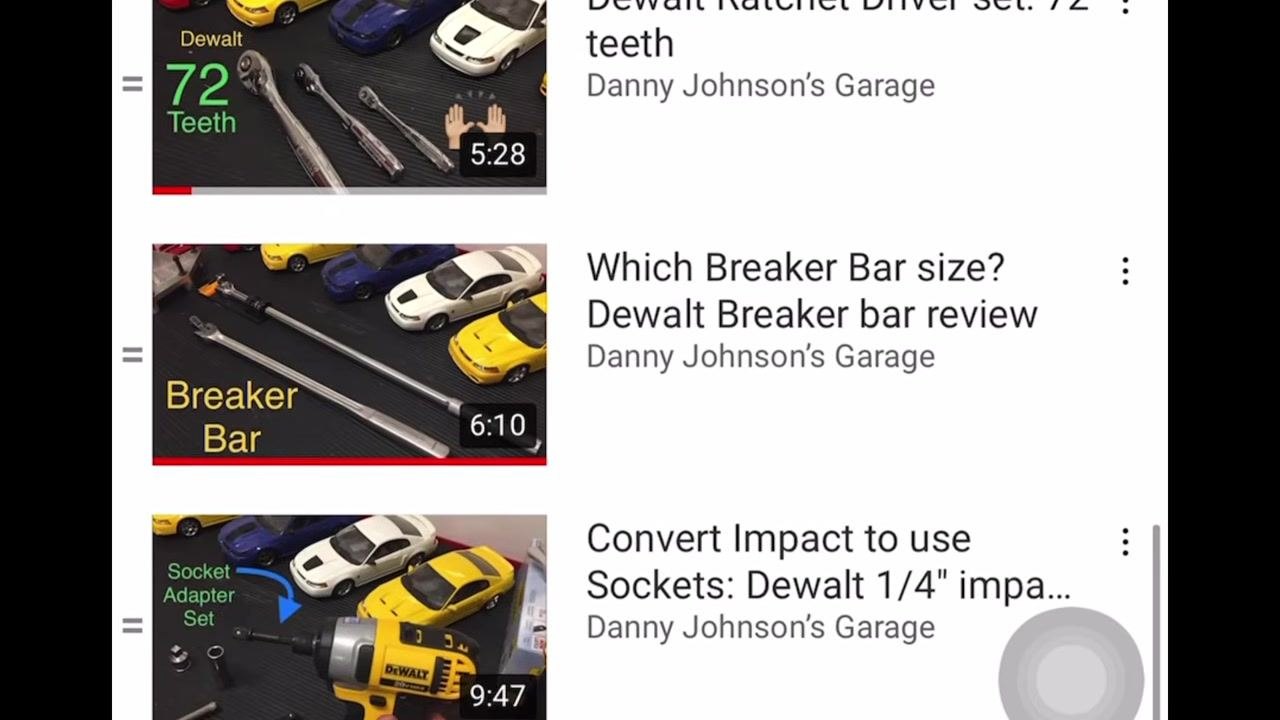 YouTube video recommendations showing thumbnails of tool review videos, including ratchets, breaker bars, and impact drivers, with model cars and tool names visible.