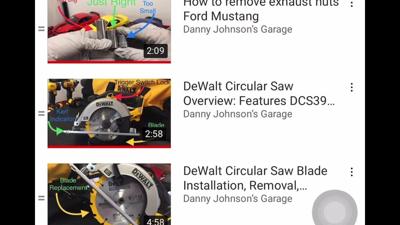 YouTube video recommendations showing thumbnails of tool and repair videos, including socket selection, circular saw features, and blade replacement, with clear labels and tool images.