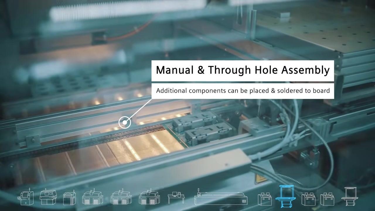 Selective soldering oven labeled "Through Hole & Manual Assembly," with operator visible at workstation. Multiple monitors and exhaust systems are present.