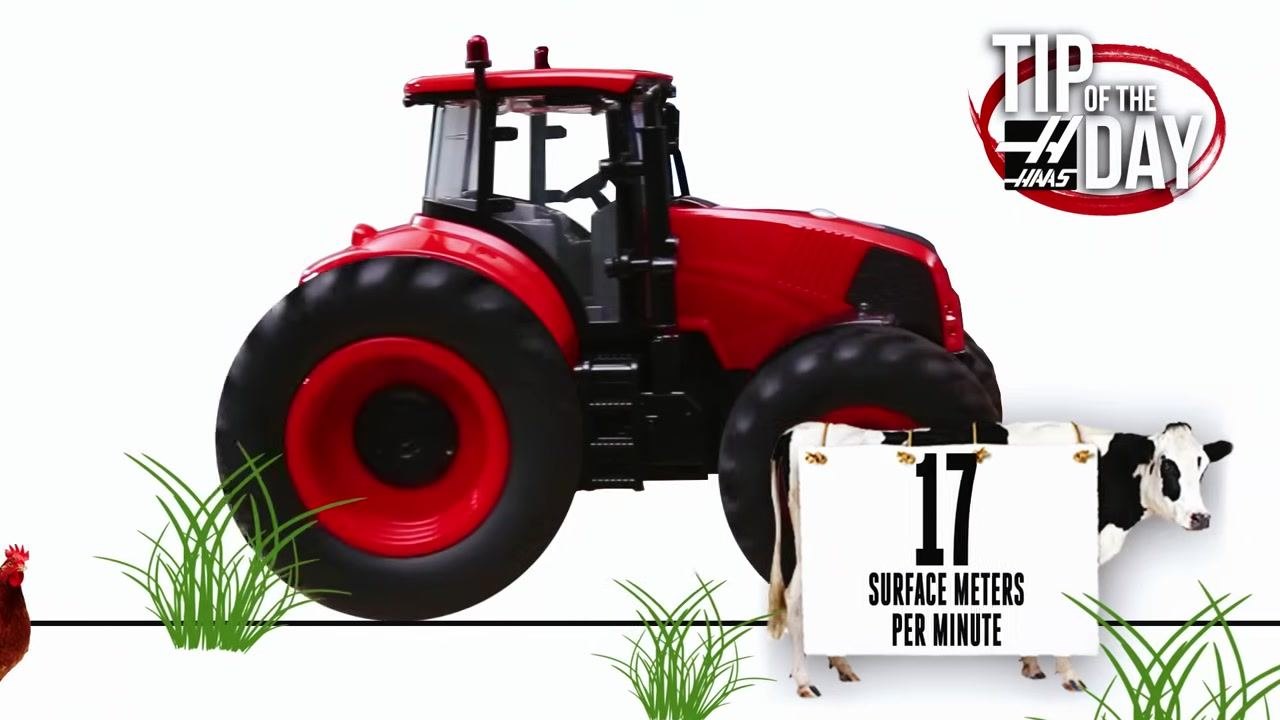 Animated scene with a tractor, grass, a chicken, and a cow holding a sign that reads "17 SURFACE METERS PER MINUTE."