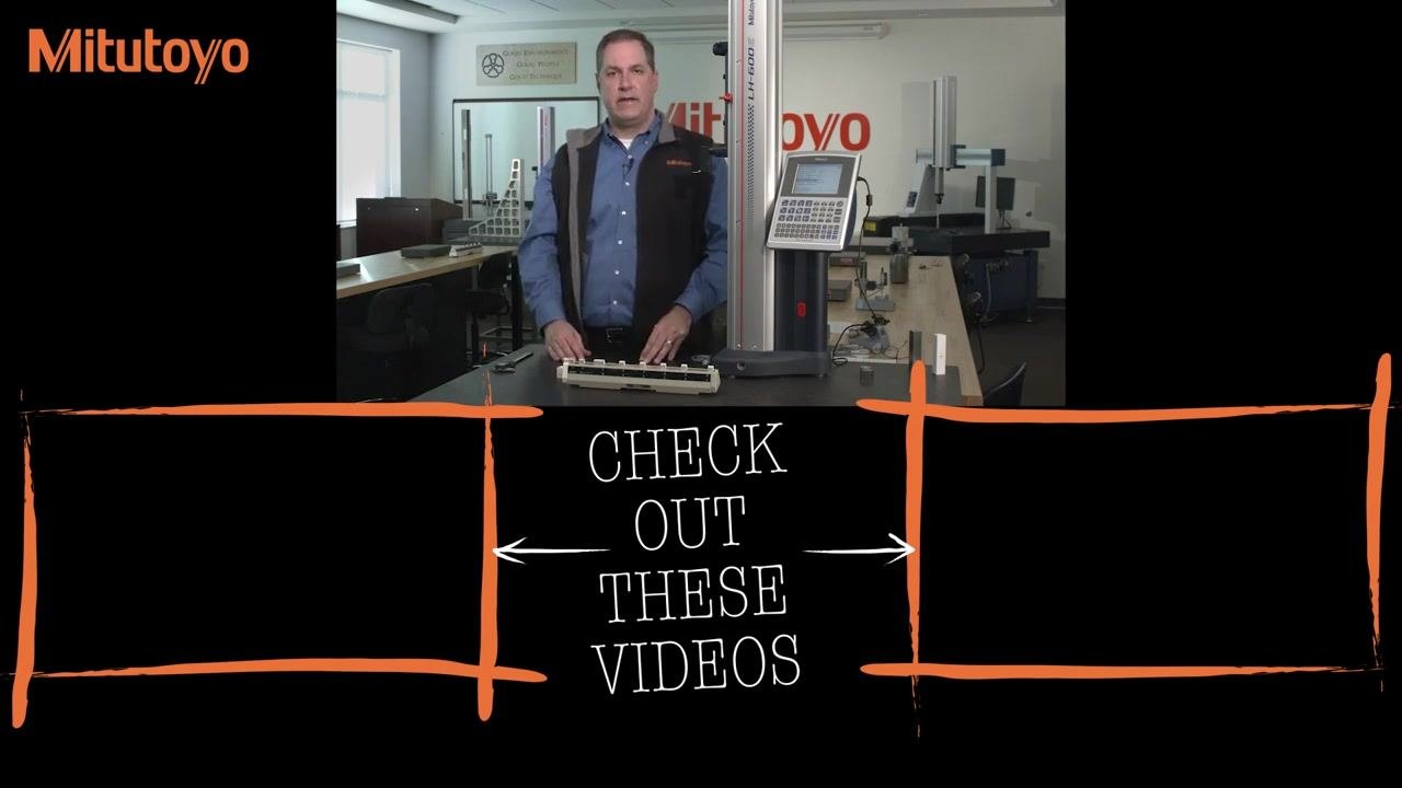 Presenter concluding the episode in the Mitutoyo Metrology Training Lab, with "CHECK OUT THESE VIDEOS" prompt and Mitutoyo branding visible