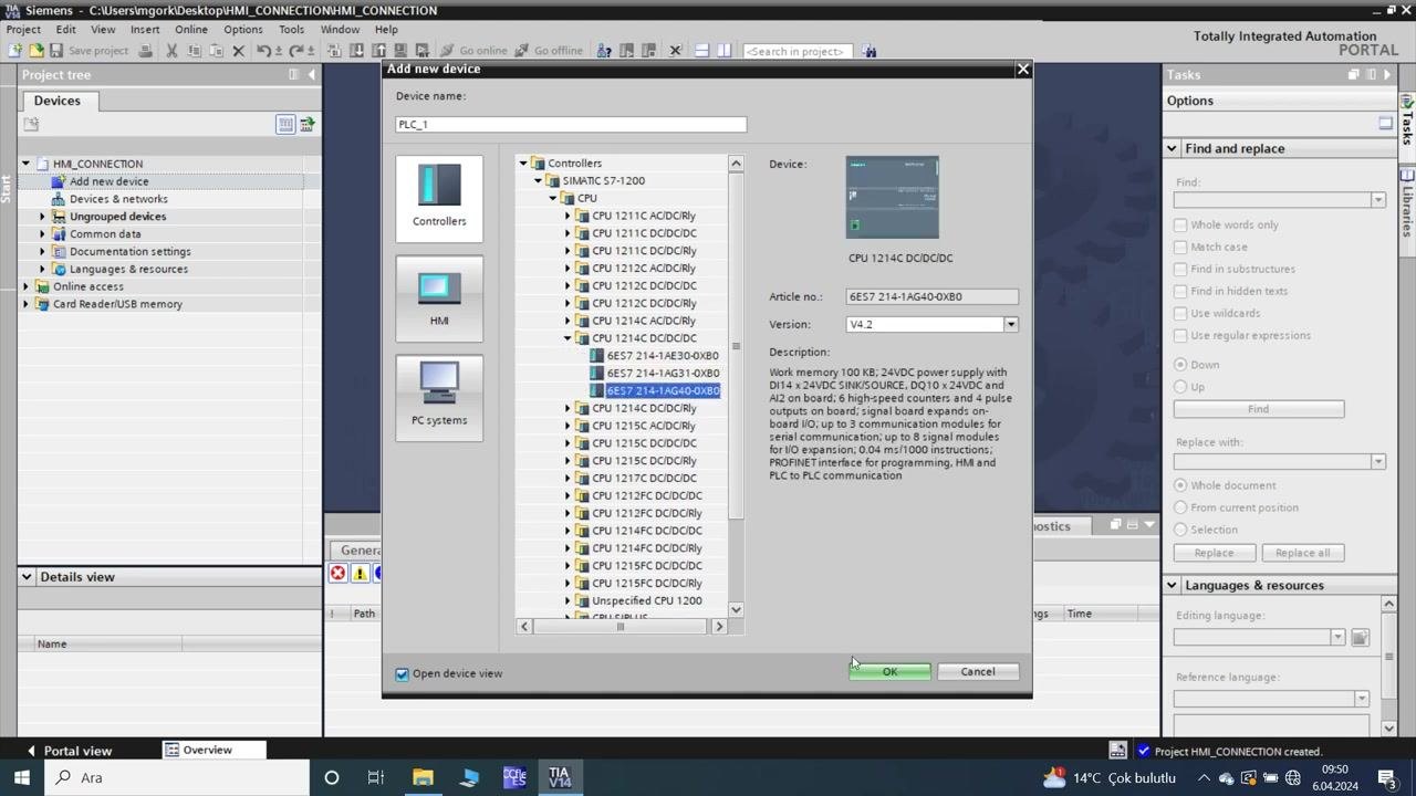TIA Portal: creating a new project with all fields filled in and the creation dialog visible