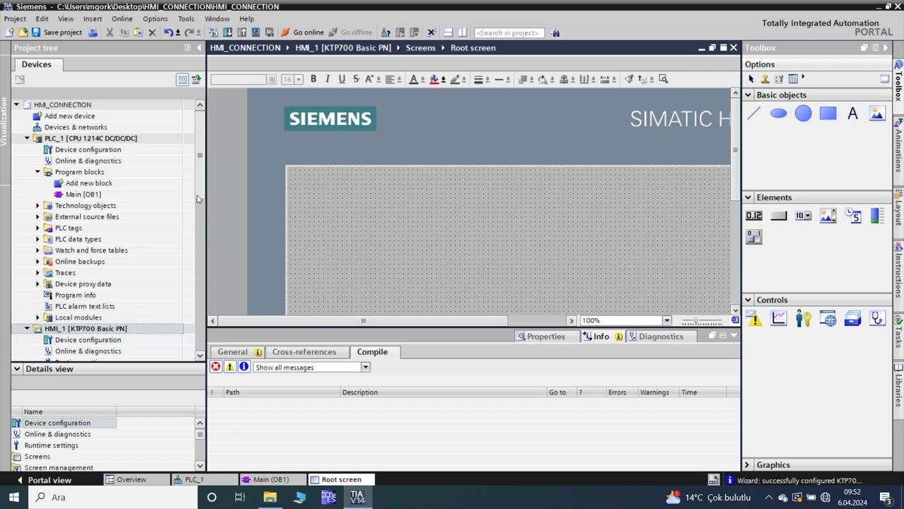 TIA Portal: HMI screen editor open with the root screen displayed and the toolbox visible