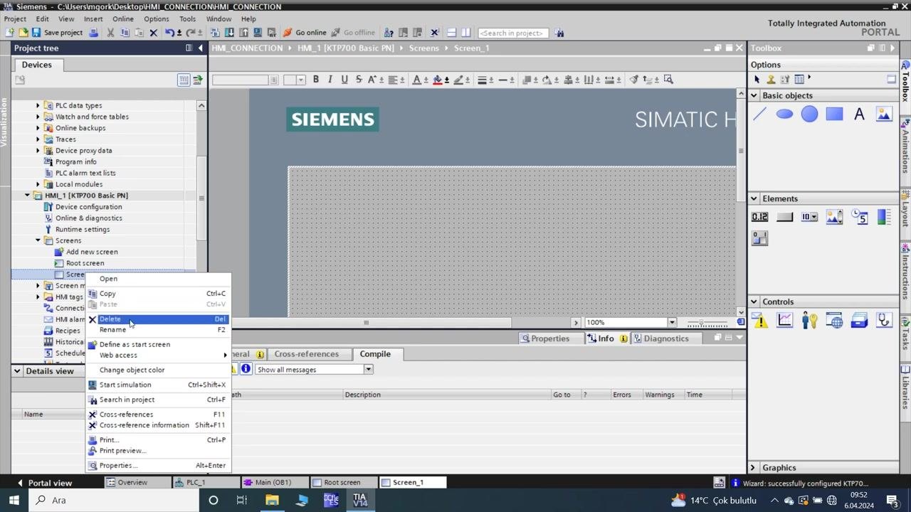 TIA Portal: context menu open on Screen_1 with the Delete option highlighted