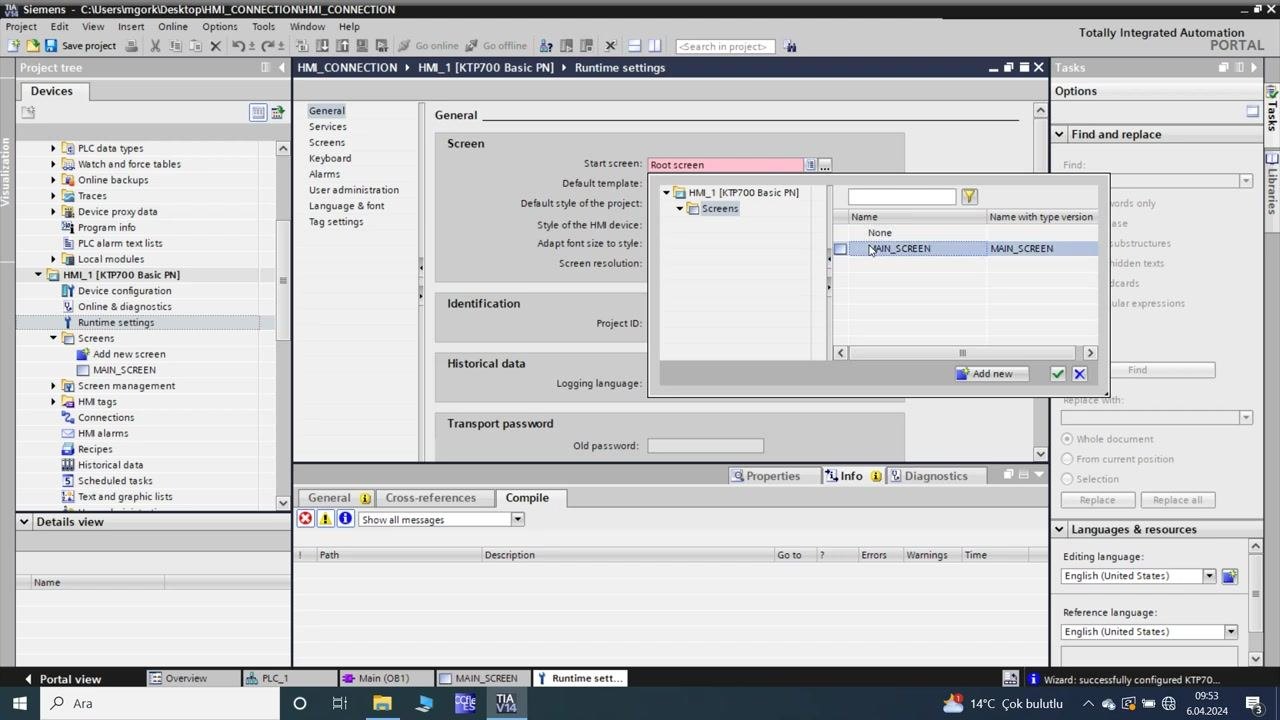 TIA Portal: Runtime settings dialog with MAIN_SCREEN selected as the start screen